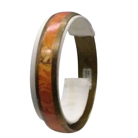 Inlaid Coral Brass Bangle, Vintage India Bohemian Bracelet - Picture 1 of 5